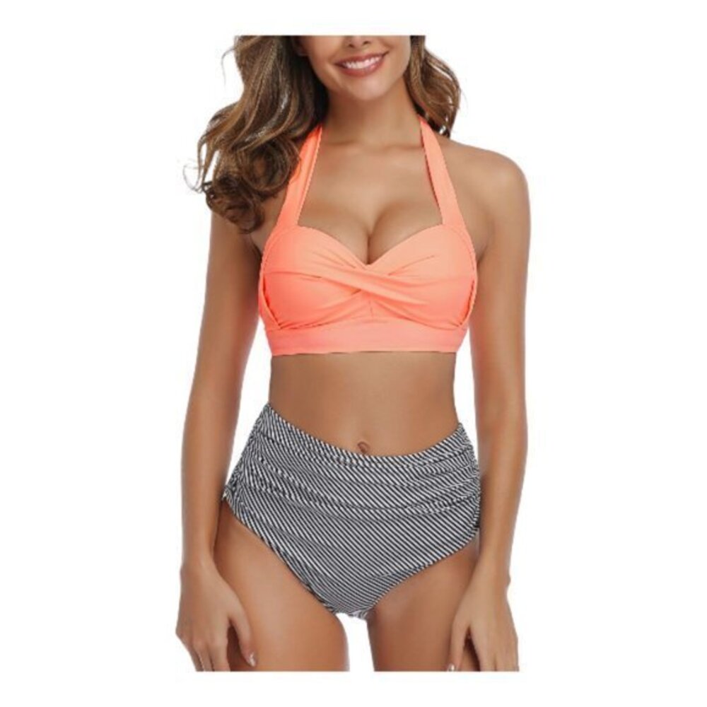 Swimsuit Ruched High Waist Bottom Sweetheart Neck Halter Bikini Large NWT #0567